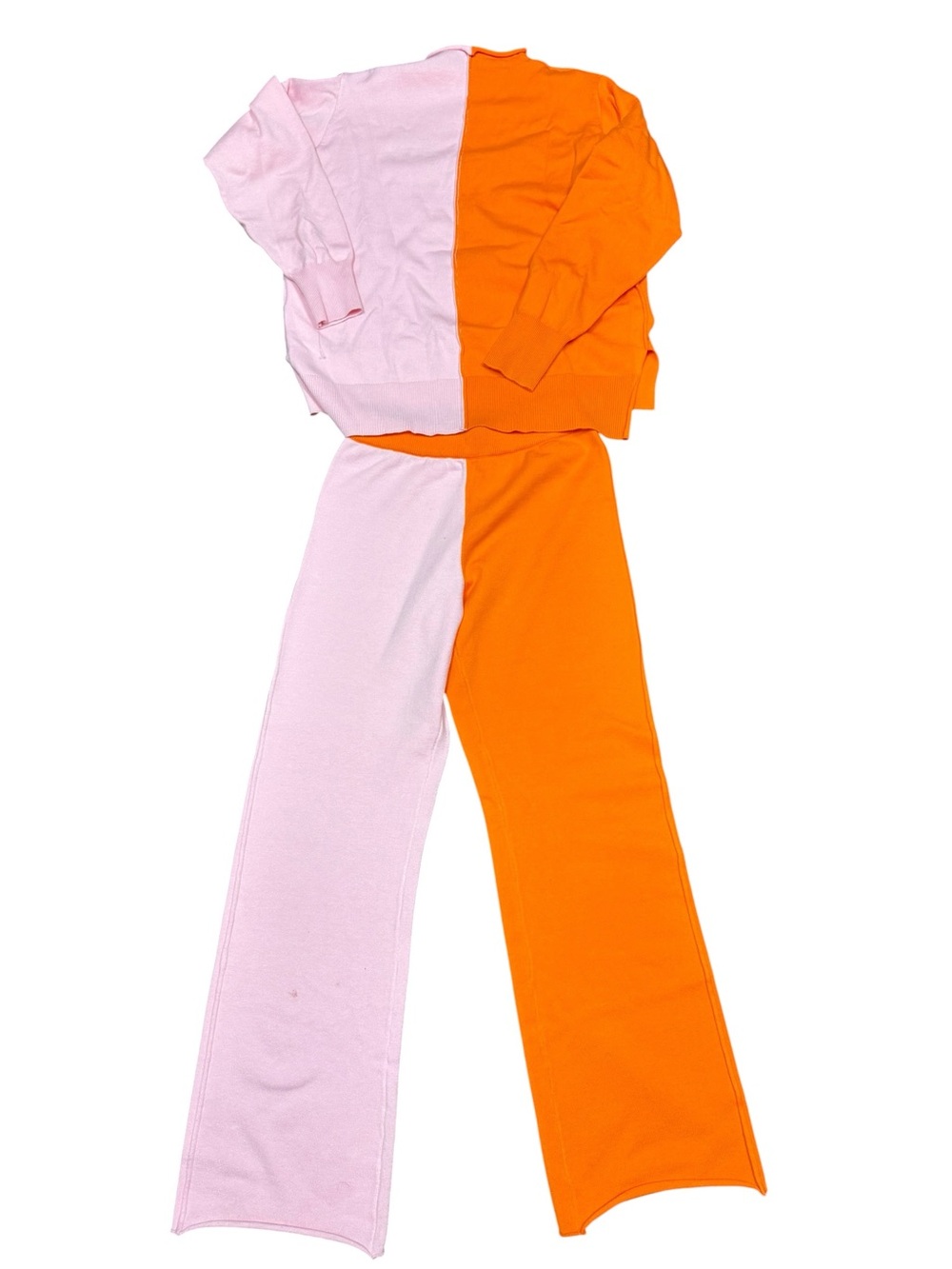 Colorblock Pink Orange Knit Lounge Set Wide Leg Pants Sweater Medium